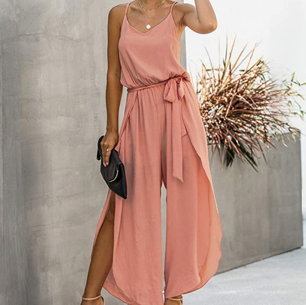 ⭐ HP ⭐ Blush Pink Split Wide Leg Spaghetti Strap Chiffon Cute Trendy Jumpsuit - Picture 4 of 10